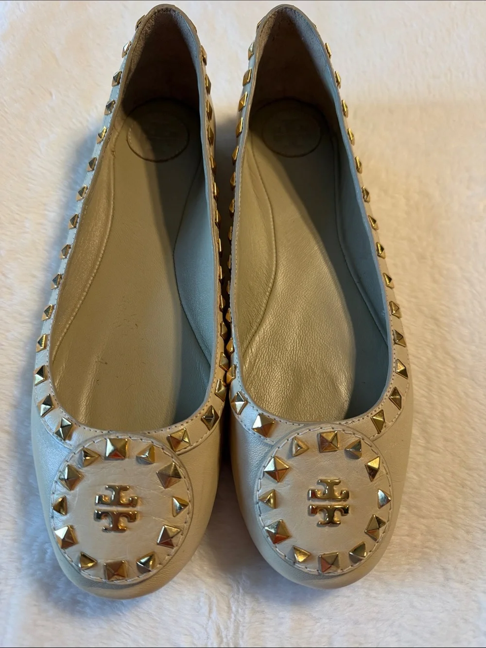 Tory Burch Cream Leather Studded Logo Flats